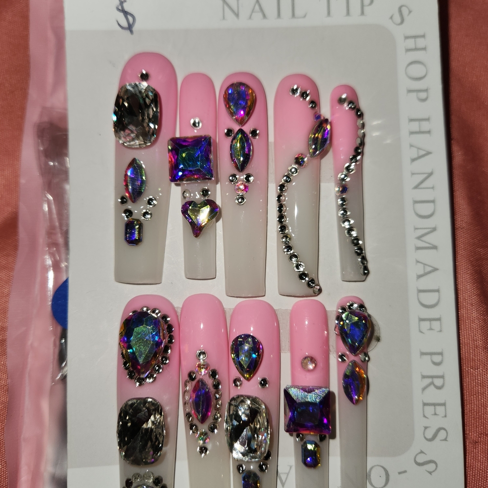 Elegant Pink and White Press-On Nails with Rhinestones